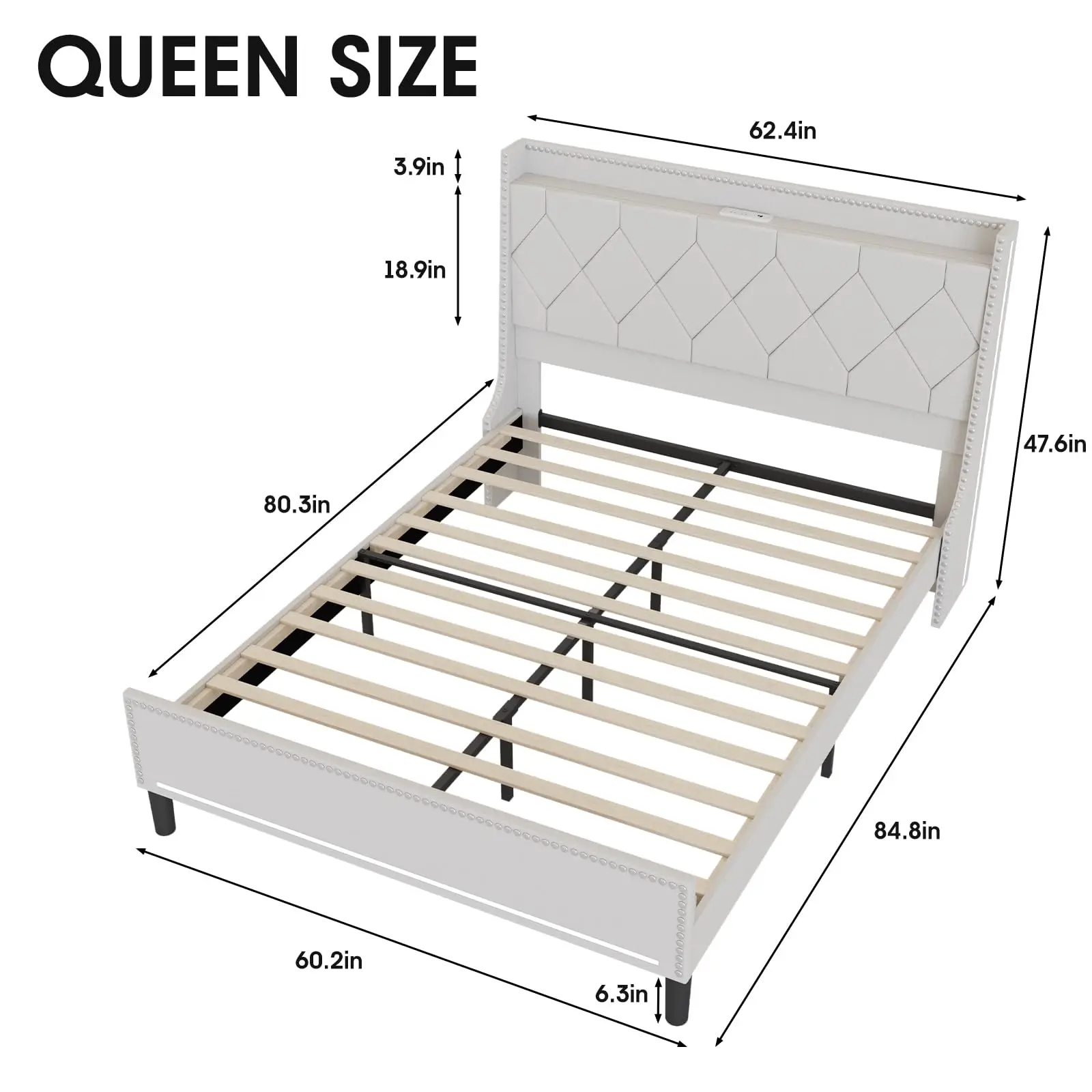 Vabches Queen Size Bed Frame with LED Lights Upholstered Platform Bed Frame with Charging Station & Headboard Bedroom Furniture