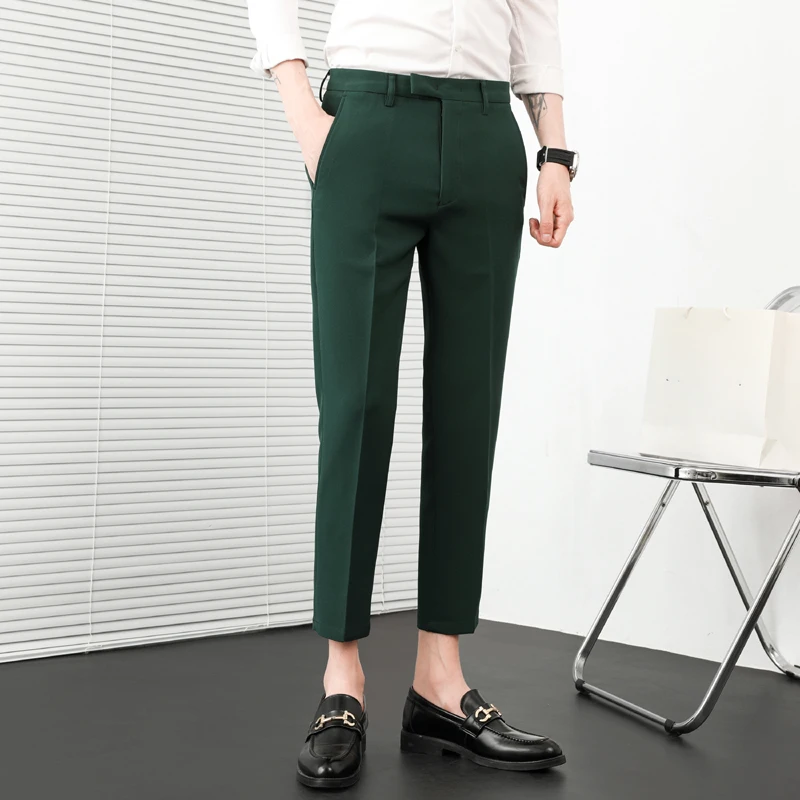 Summer New Solid Color Business Casual Pants Men Slim Fit Social Suit Pant Formal Office Ankle Length Trousers Streetwears 36-29