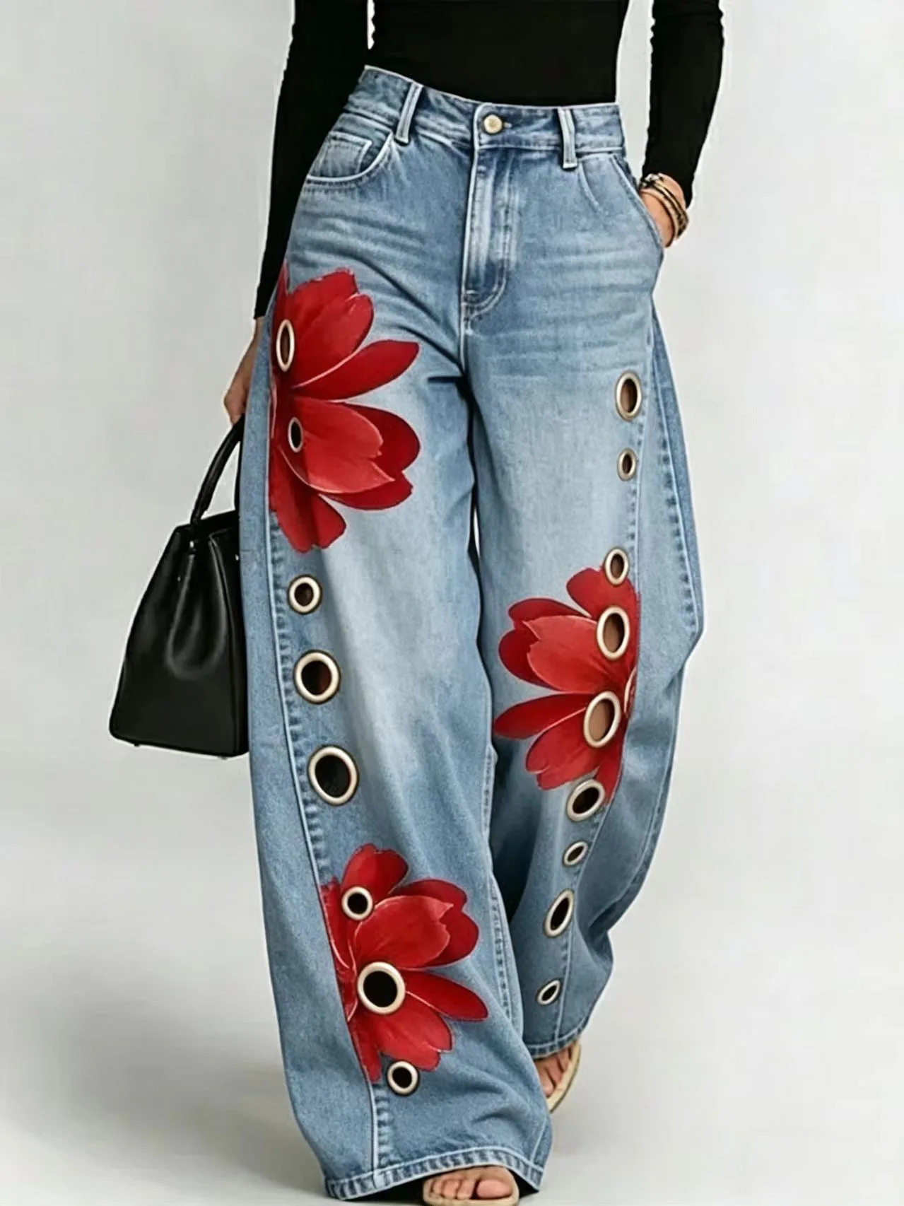 Spring Autumn New in Product Imitation Denim Women's Printed Casual Loose Jeans Retro Street Fashion Wide Leg Pants