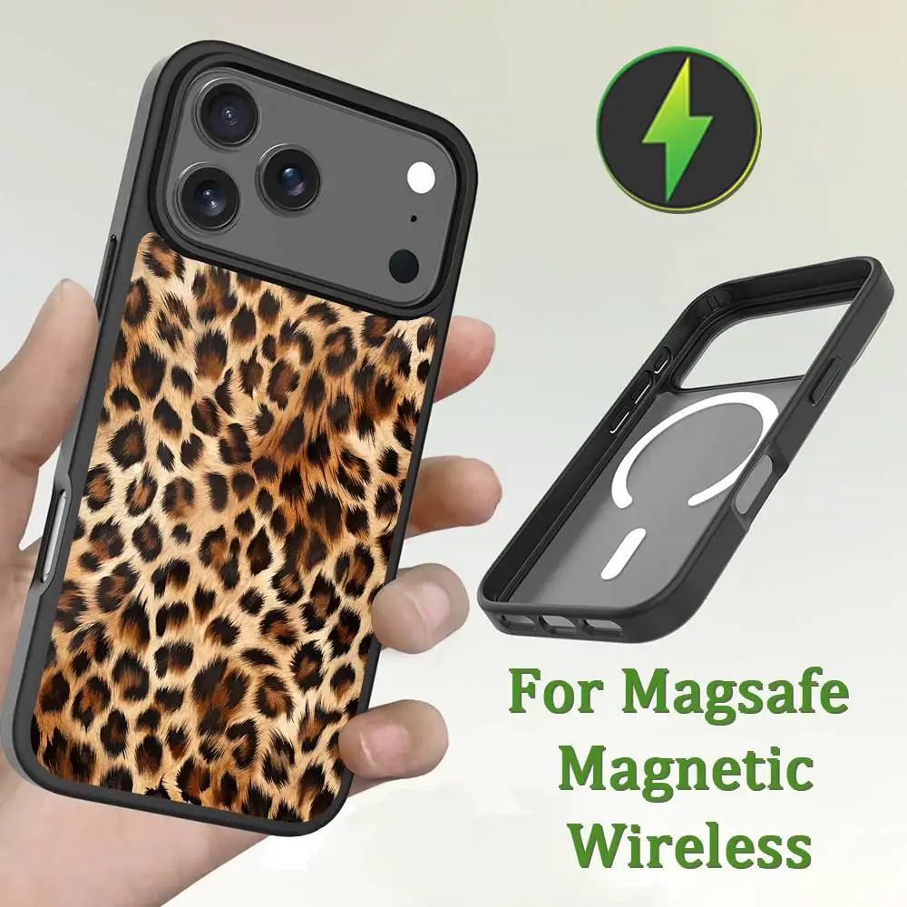 Funda de teléfono con estampado de leopardo para iPhone 13,12,11,16,15,17,14,Pro,Max,Plus,Mini,Magsafe, carga inalámbrica magnética