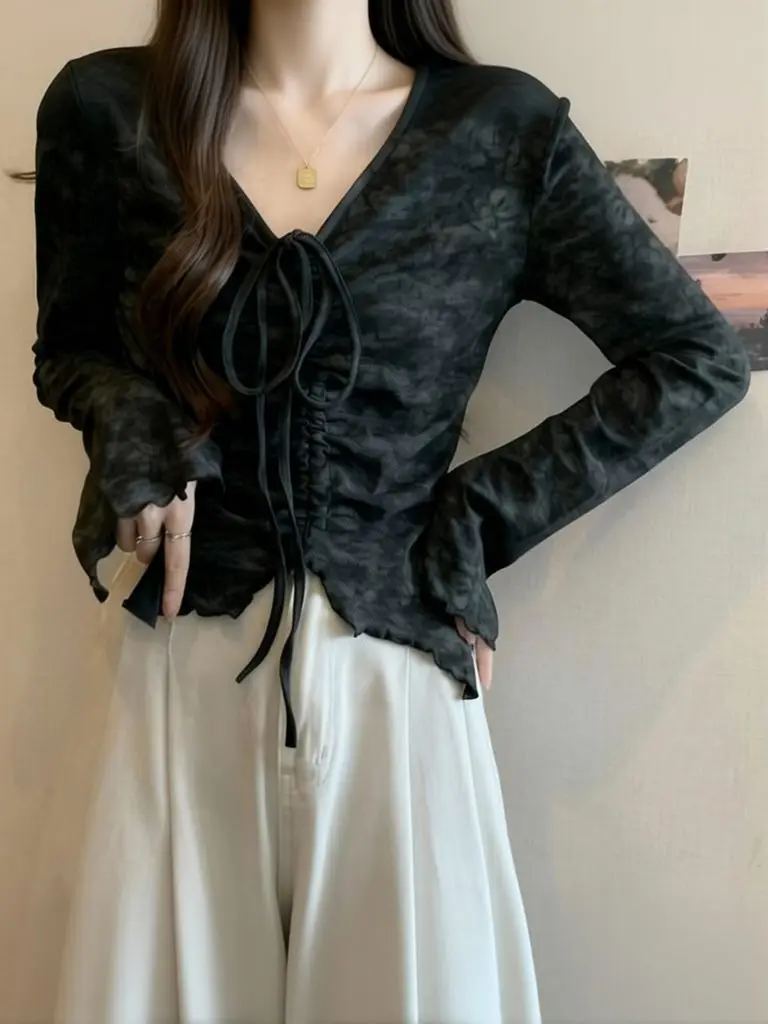 Flared Long Sleeve Washed Vintage T shirt Women  drawstring Plus size Tops Y2k Streetwear Basic Tees Casual Ladies clothes