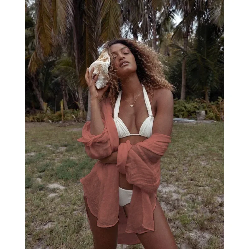 Camisa de cobertura de biquíni de linho, cobertura de maiô para piscina, cobertura de praia para mulheres, cobertura de maiô de manga comprida