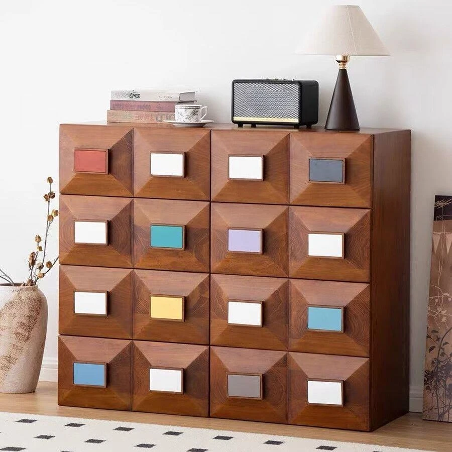 Retro solid wood dining side cabinet storage cabinet bedroom locker dopamine color module combination medieval bucket