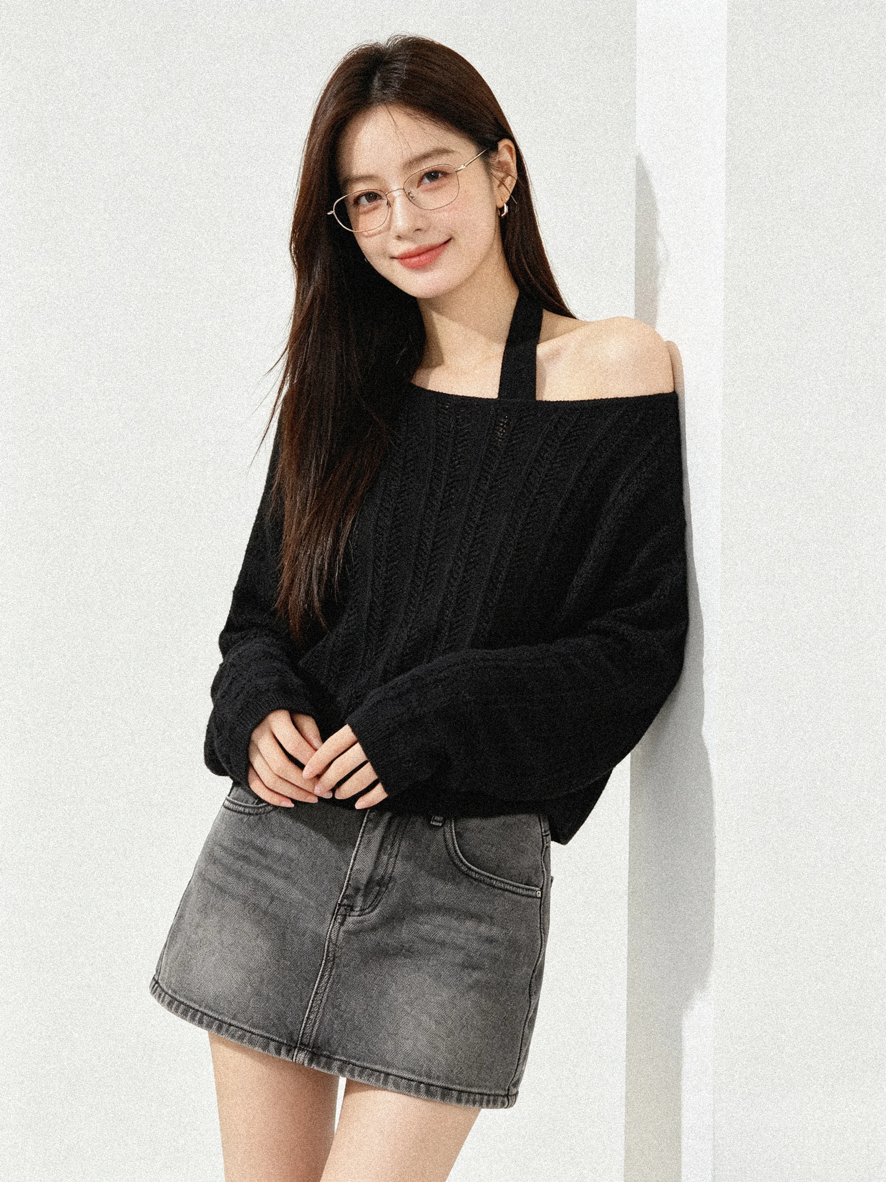 Korean Style Knitted Set Neck Hanging Hollow Texture Long Sleeve Short Top Atmosphere Feeling Casual Fashion Women's Set