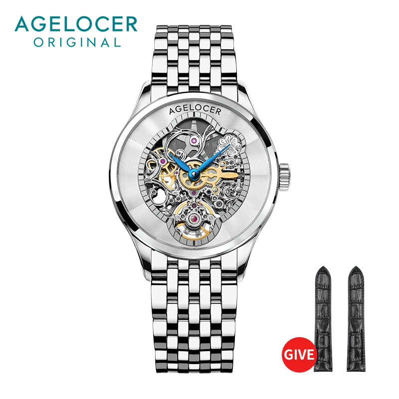 AGELOCER Women\'s Top Brand Mechanical Skeleton Automatic Luxury Watch Elegant Ladies Christmas Valentine