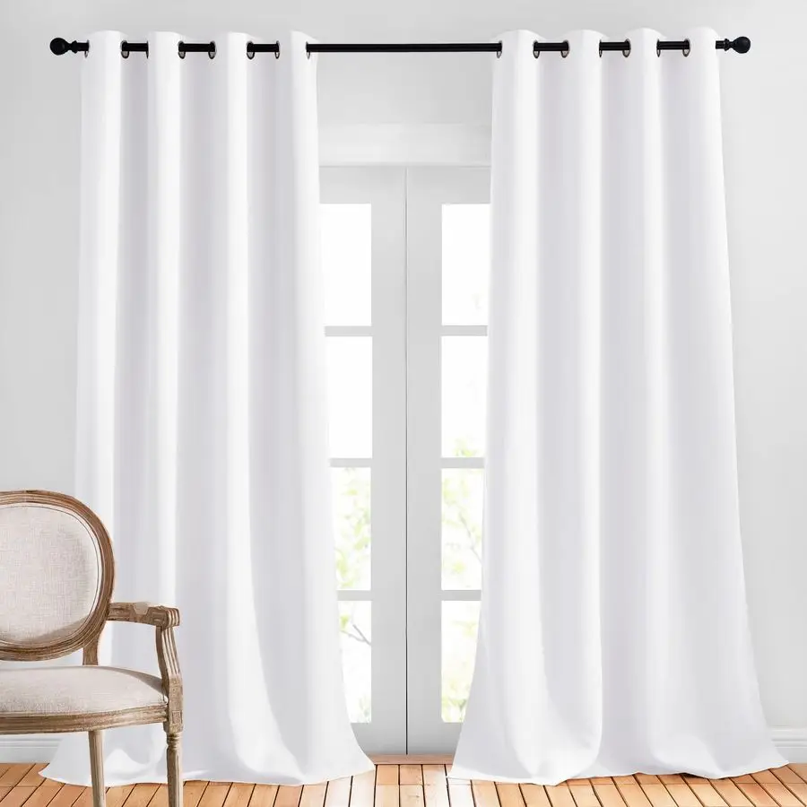 

Long White Curtains for Patio 52 inches Wide x 108 inches Long, White, 2 Panels Home Decoration Grommet Top Drapes, White Bedroo