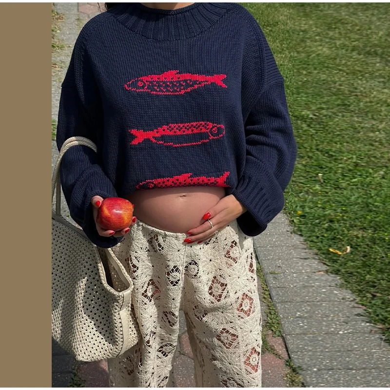 Damenpullover mit Fischmuster, gestrickter Pullover, Herbstmode, Rollkragenpullover, langärmelig, mit Paneelen, Oversize-Strickware, schick, neues Party-Outfit. – Detail 14