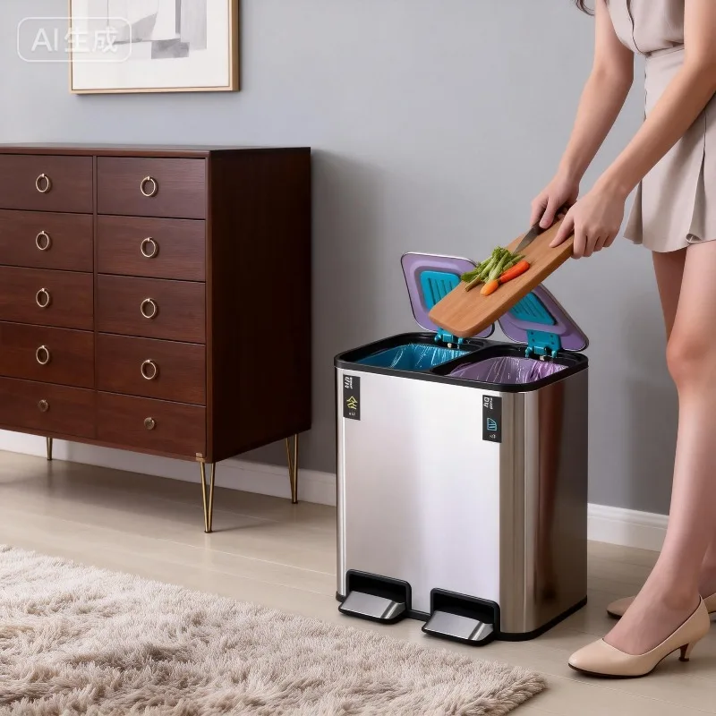 Trash Can 9L+9L Lid Double Kitchen Large Trash Bin Bathroom Bedroom Toilet Stainless Steel Litter Bins Garbage Cube with Pedal