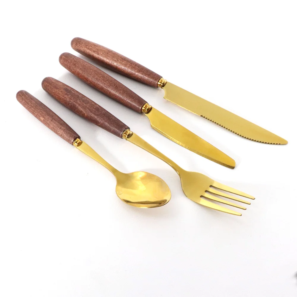 9 Pieces Flatware Stainless Steel Beech Wood Handle Steak Knife Fork Spoon Fruit Dessert Kitchen Cutlery Tableware Dinner Tools