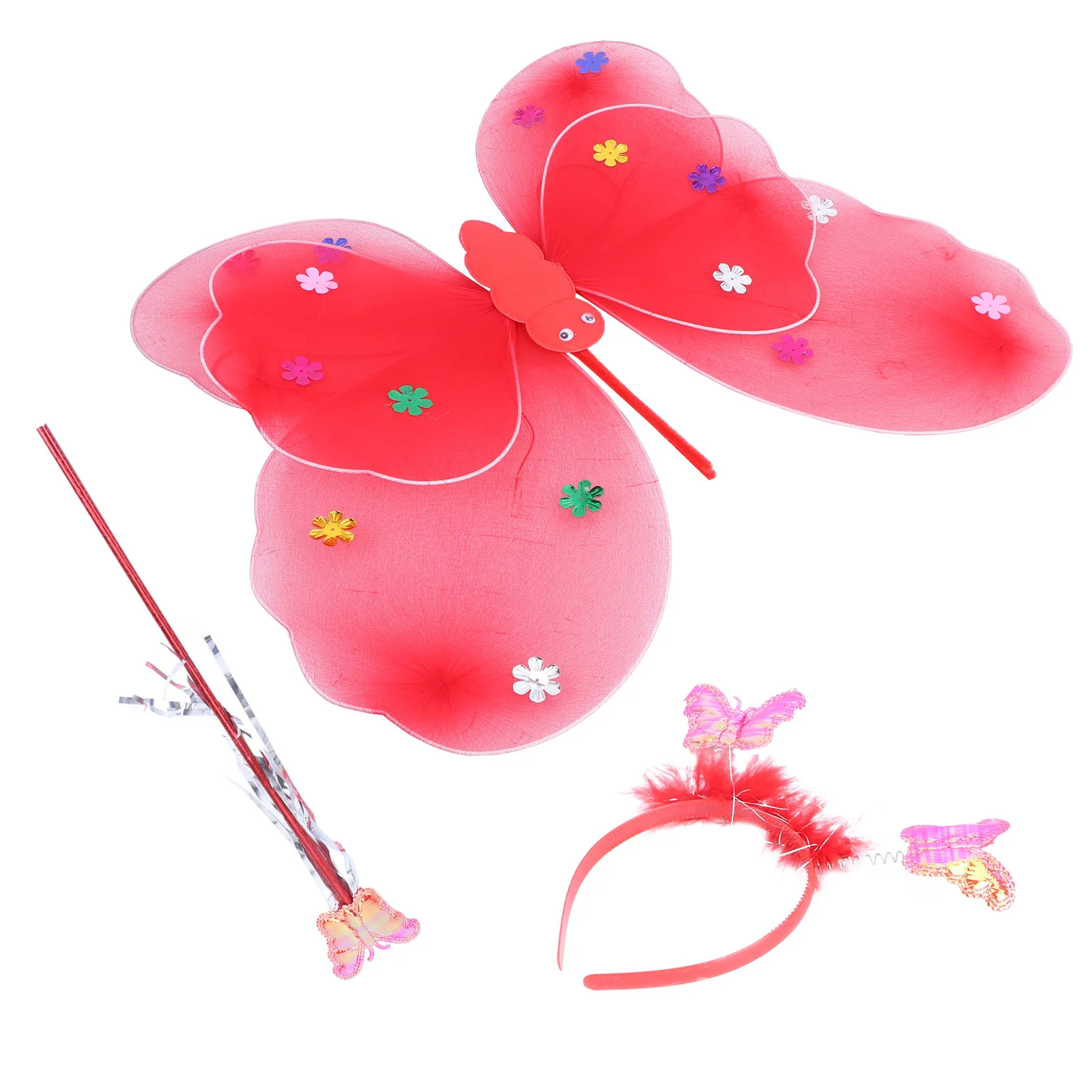 3 pièces LED éclairer ailes de fée rouge Double couche bretelles élastiques bandeau baguette ensemble filles Costume fête habiller ensemble de fée