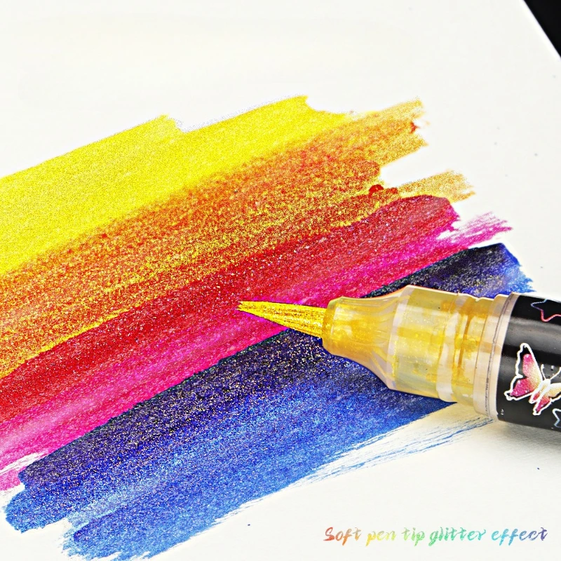 

Блестящая ручка-кисть с бабочкой, металлический маркер, чернильная ручка с мягким гибким наконечником, инструмент для письма с золотым блеском для ведения журнала