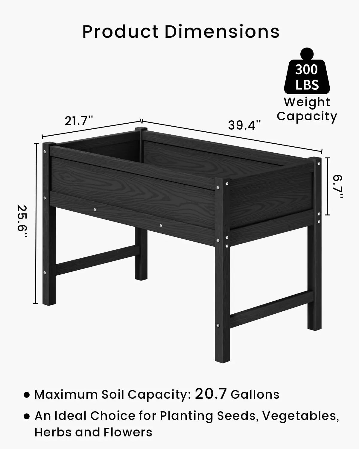 Outdoor All-Weather Black HDPE Raised Garden Bed with Legs for Seeds, Herbs, Flowers & Vegetables