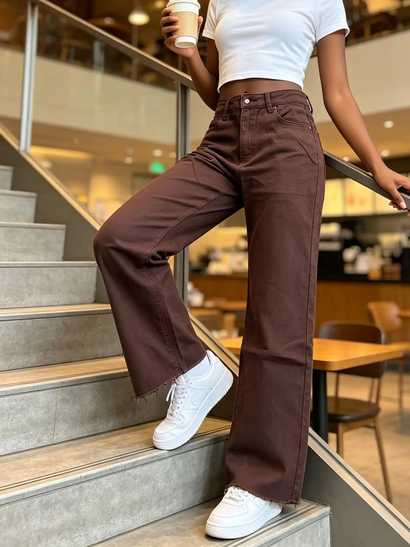 Women's Spring Autumn Coffee Color Denim Long Pants High Waist Drape Wide Leg Pants Solid Color Simple Comfort Commute Denim Trousers