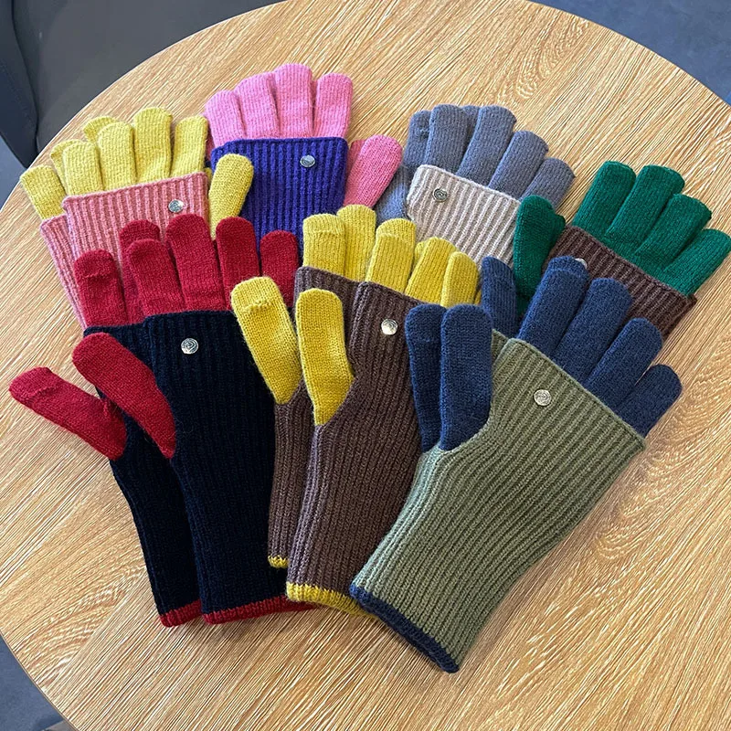 Fashion Pure Color Knitted Gloves Female Autumn and Winter Warmth Fingerless Students Touch Screen Thick Wristband for Women