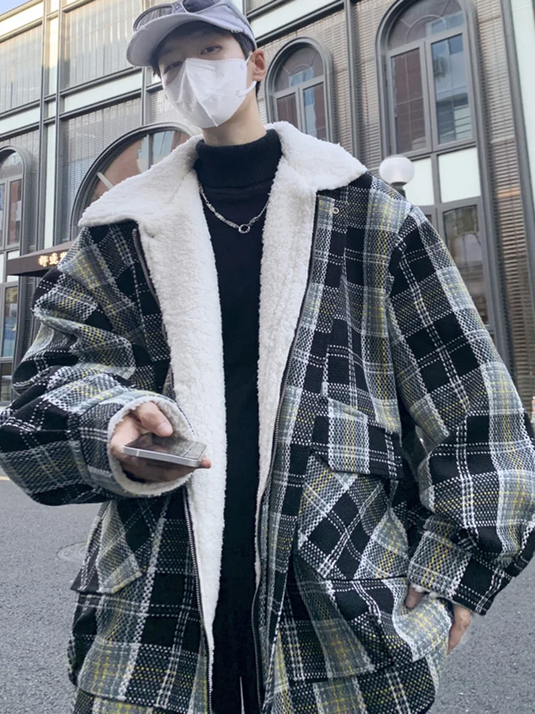 

Гонконг Sle клетчатое хлопковое пальто с мехом ягненка, мужское зимнее трендовое хлопковое пальто, свободная универсальная теплая верхняя одежда для пар