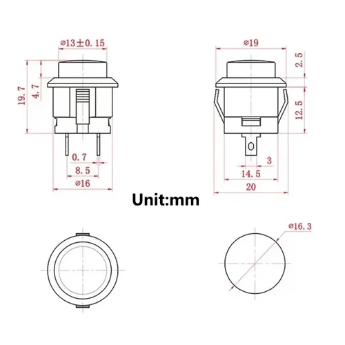 Imagen 2 del producto 5/20/100 Uds R13-507 interruptor de botón de reinicio automático de 2 pines 6A interruptor de botón de 16mm interruptor de reinicio automático redondo de encendido-apagado