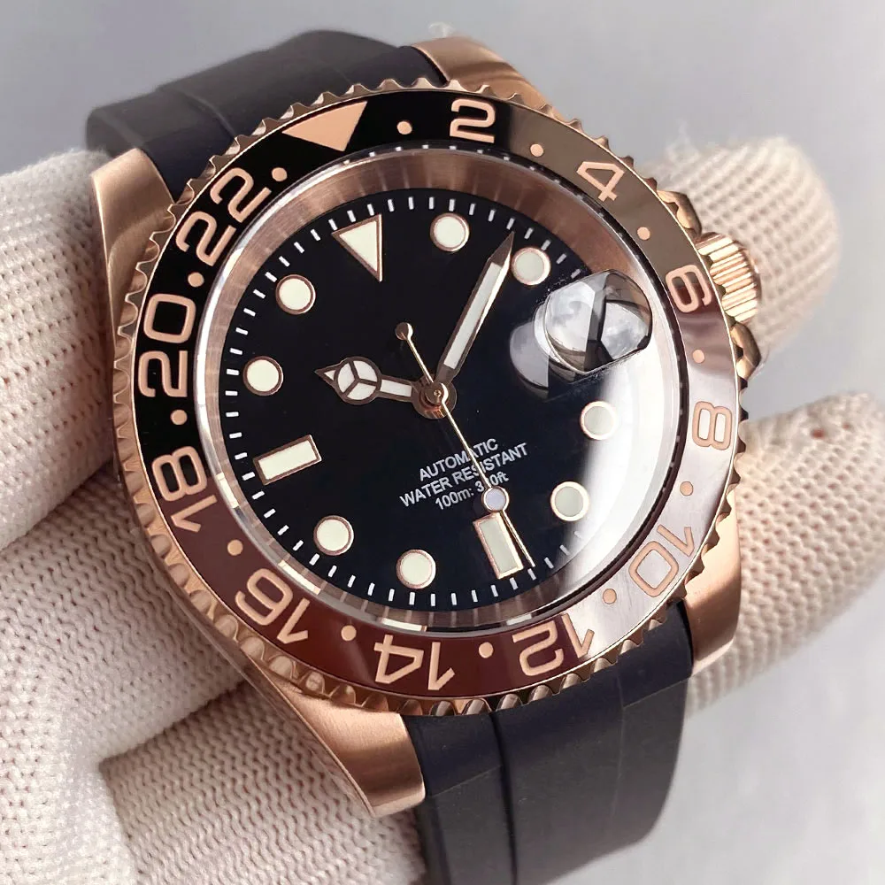 20ATM Diving 40mm Rose Gold NH35A Black Dial Automatic Watch Men Sapphire Glass Curved End Rubber Strap Pin Buckle 120 Click