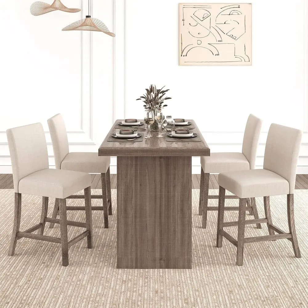 

Set of 4 24.5 Beige Upholstered Counter Height Chairs with Rubber Wood Legs for Kitchen, Dining, and Bar Use