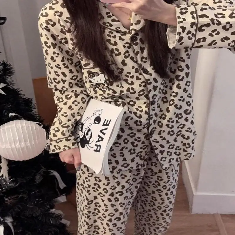 

Sanrio New Pajamas Hello Kitty Pajamas Leopard Print Female Spring Autumn New Long Sleeves Trousers Leisure Loose Home Clothing