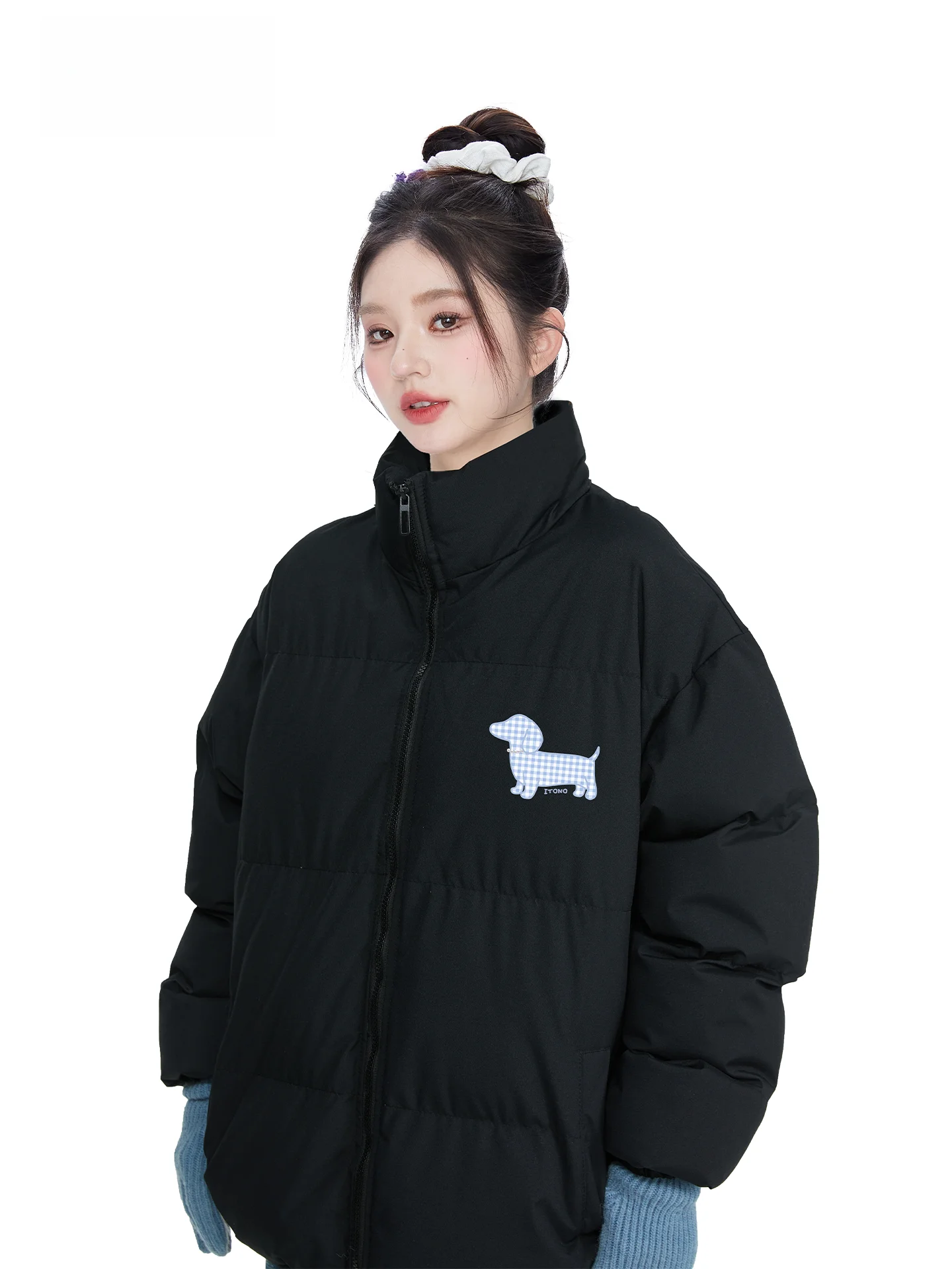 

Itono Korean Style Loose Fit Printed Cotton Jacket Stand Collar Warm Outerwear for Women Autumn Winter New Arrival