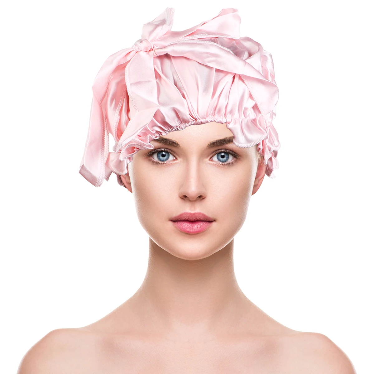 

1pc Silk Sleeping Hat For Women Night Bonnet Hair Protector Satin Sleep Cap Lightweight Bowknot Design Light Pink