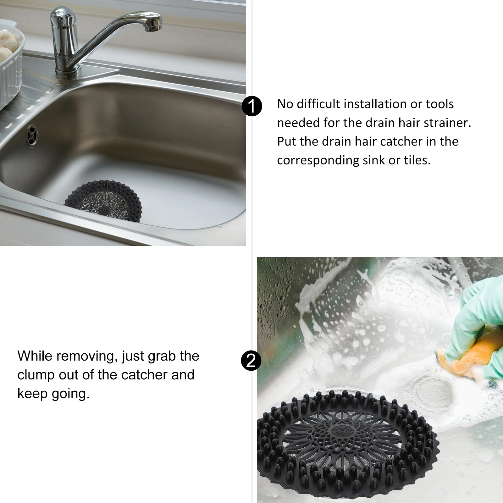 

2pcs Drain Catcher For Kitchen Black Hair Stopper Hole Design Fast Drainage Garbage Strainer Filter Bathtub Sink Strainer