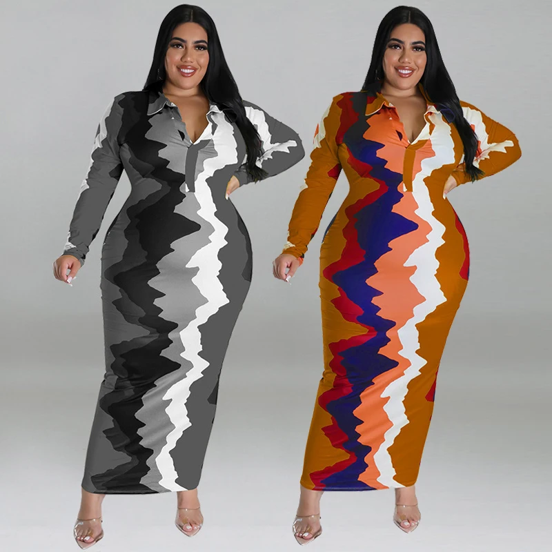 

plus Size Autumn Casual Loose Print Women's Dr Street Sle High Waist Long Sve Mid-Length Par Dinner Gown