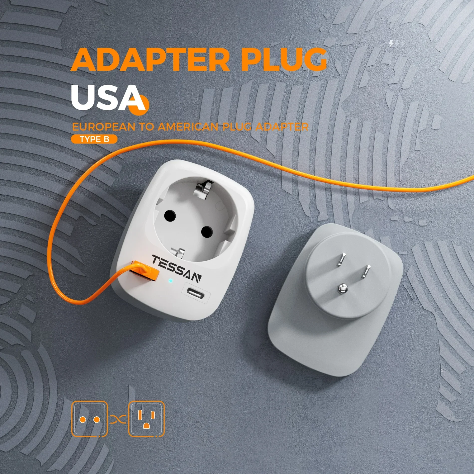 TESSAN EU TO US Travel Adapter USA Plug Wall Socket Adapter with Type C Portable Travel Plug Adapter for Travel Hotel Office