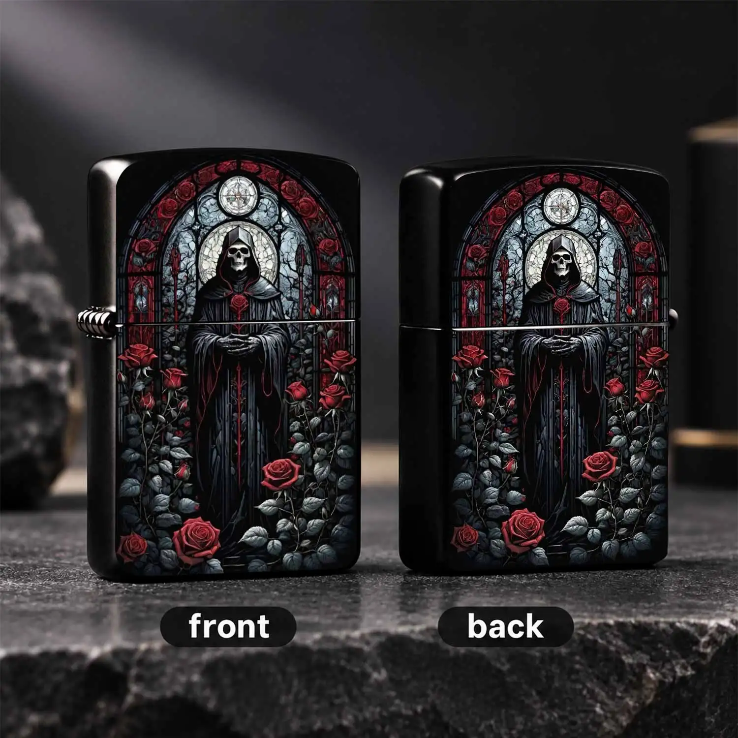 Gothic Grim Reaper Red Rose Stained Glass Lighter, Retro Church Window Art Stylish Portable Accessory, Exquisite Unique Desktop Ornament, Creative Present For Friends For Daily Use, Worthy Decorative Practical Item A Humorous And Interestin