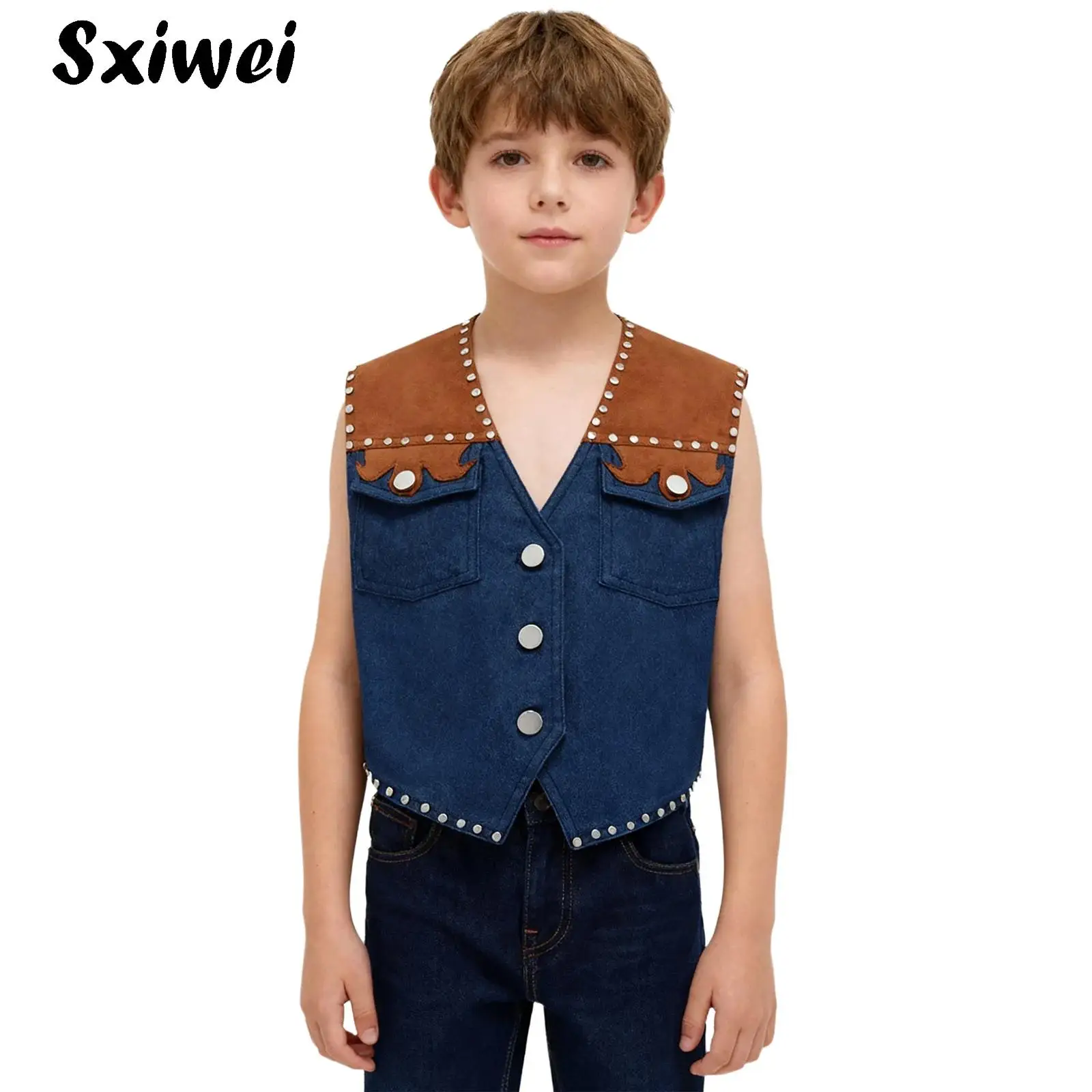 

Girls Boys Western Cowboy Costume Tassels Waistcoat Rivet Fringe Denim Cowboy Vest with Hat Bandana Halloween Cowgirl Role Play