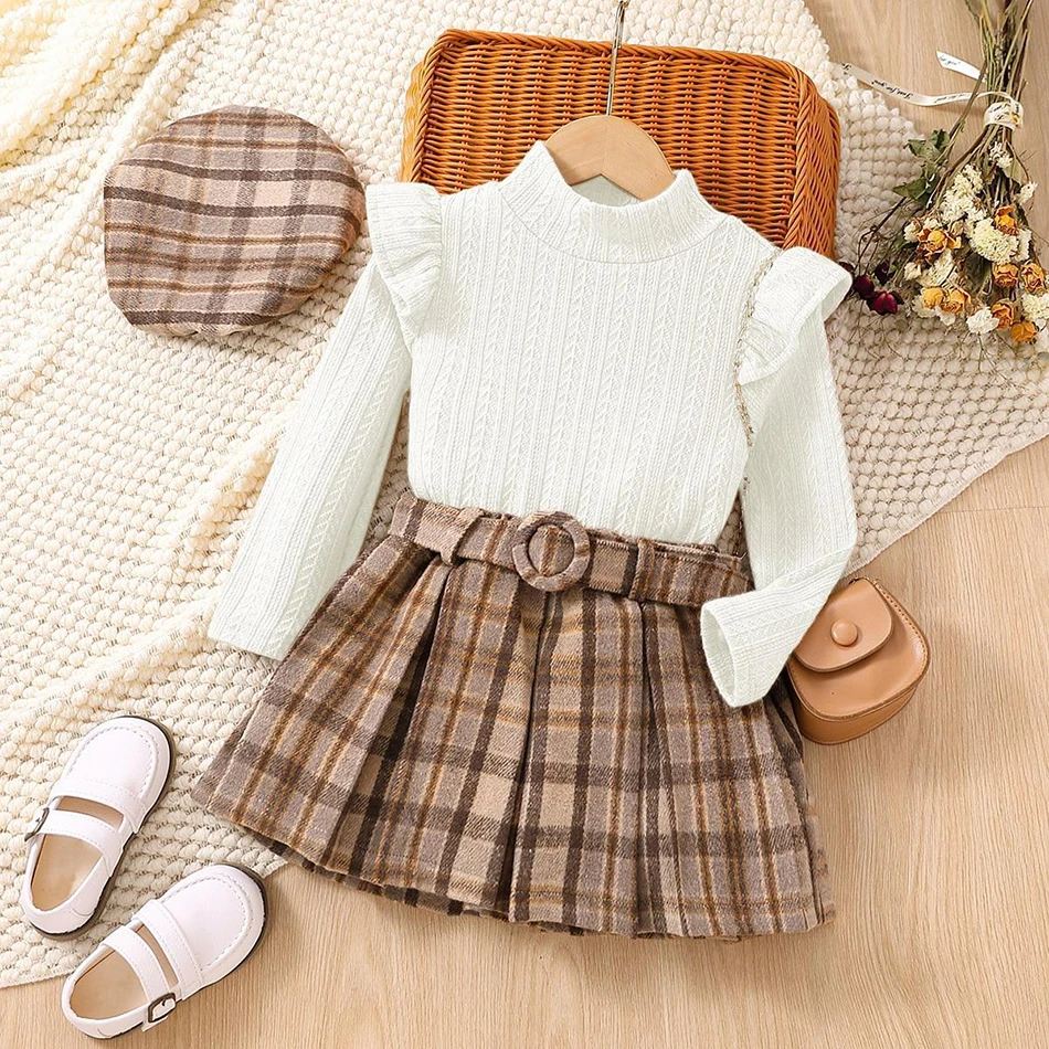 

Baby Girls Spring Autumn Ruffle Long Sleeve Solid Tops+Plaid Pleated Skirt+Belt+Beret Four-piece Suit 2-7Years Kids Clothes Suit