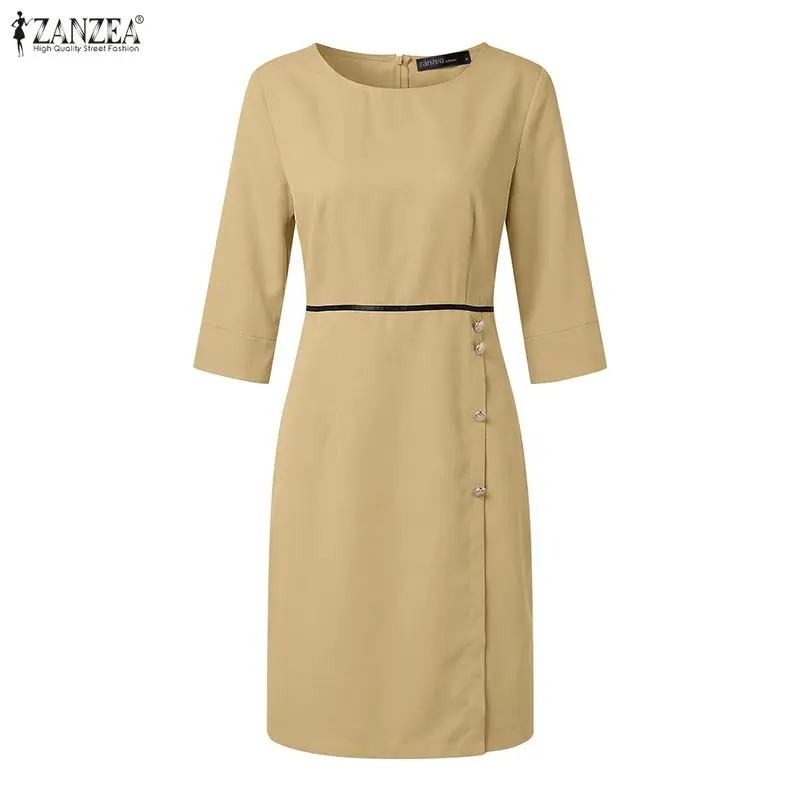 Elegant Work OL Dress Casual Loose Round Neck Knee-Length Vestidos 3/4 Sleeve Patchwork Sundress ZANZEA 2026 Collect Waist Robe
