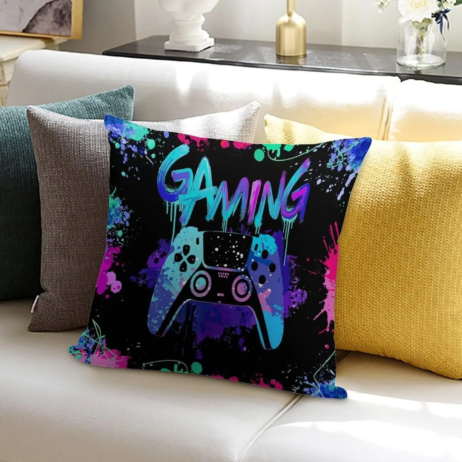 Pop Art Gaming Throw Pillow Cushion 18x18 Inch Video Game Controller Splatter Neon Decor Gift for Gamer