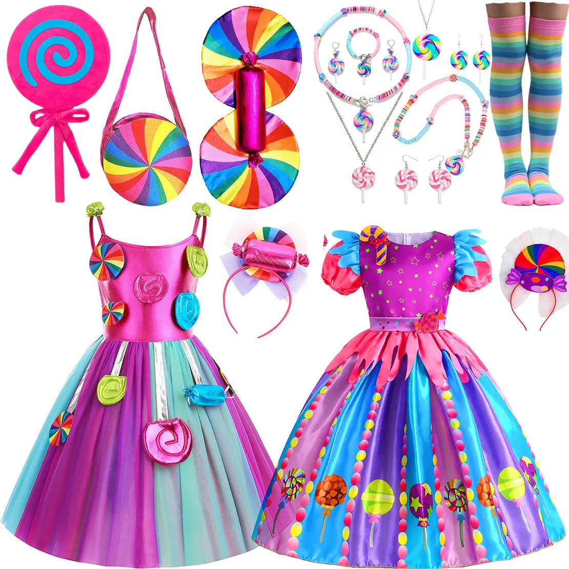 2025 مهرجان بوريم الحمالة فستان قوس قزح لفتاة الحلوى مصاصة زي حفلة هدية فستان الحلوى + مصاصة اكسسوارات دعوى #1