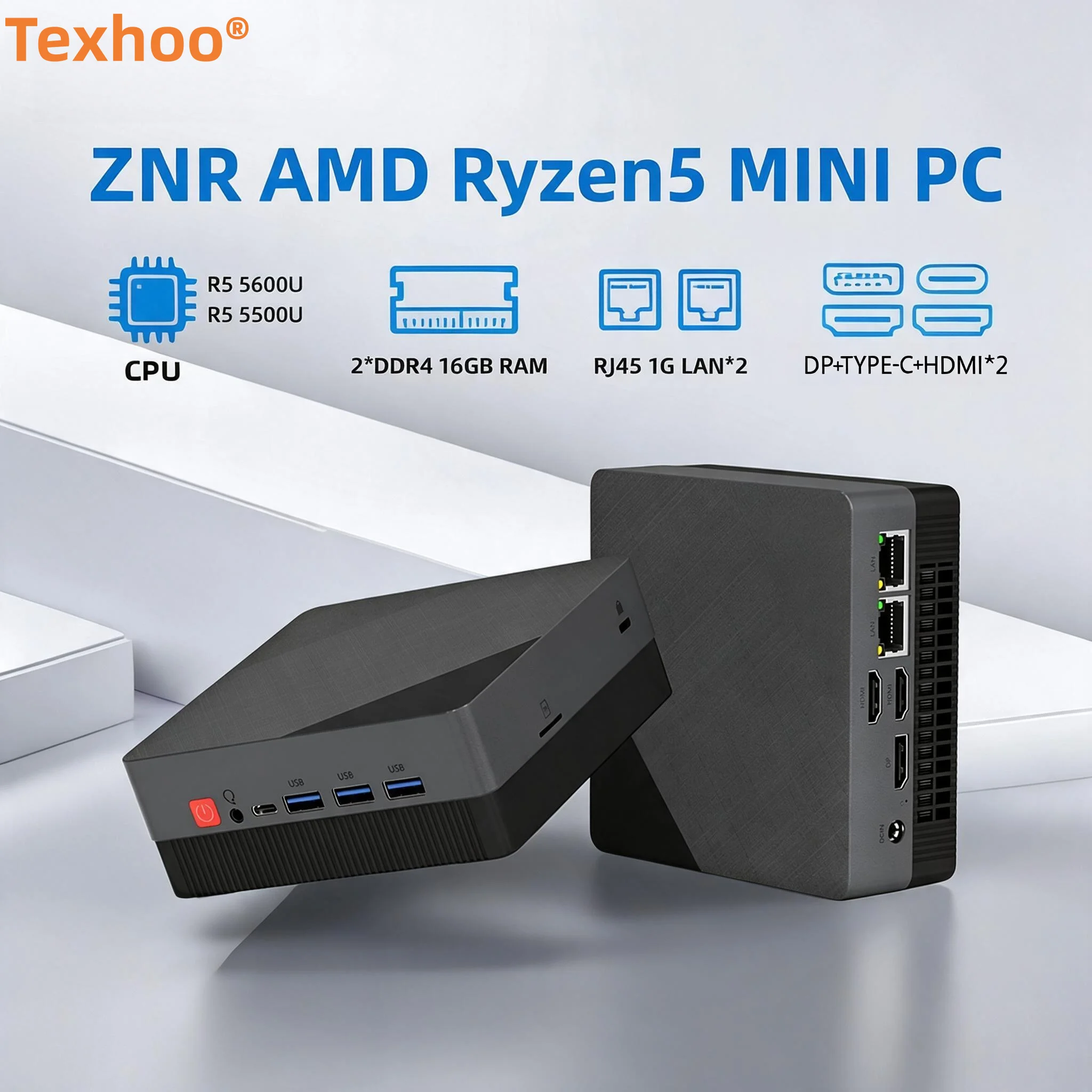 텍후 미니 PC, AMD 라이젠 5 5500U/5600U/7530U 프로세서, 16GB DDR4 2666MHz 메모리, 512GB NVMe SSD, 듀얼 HDMI, LAN, Wi-Fi 6, 블루투스 5.2, NUC 사무용.