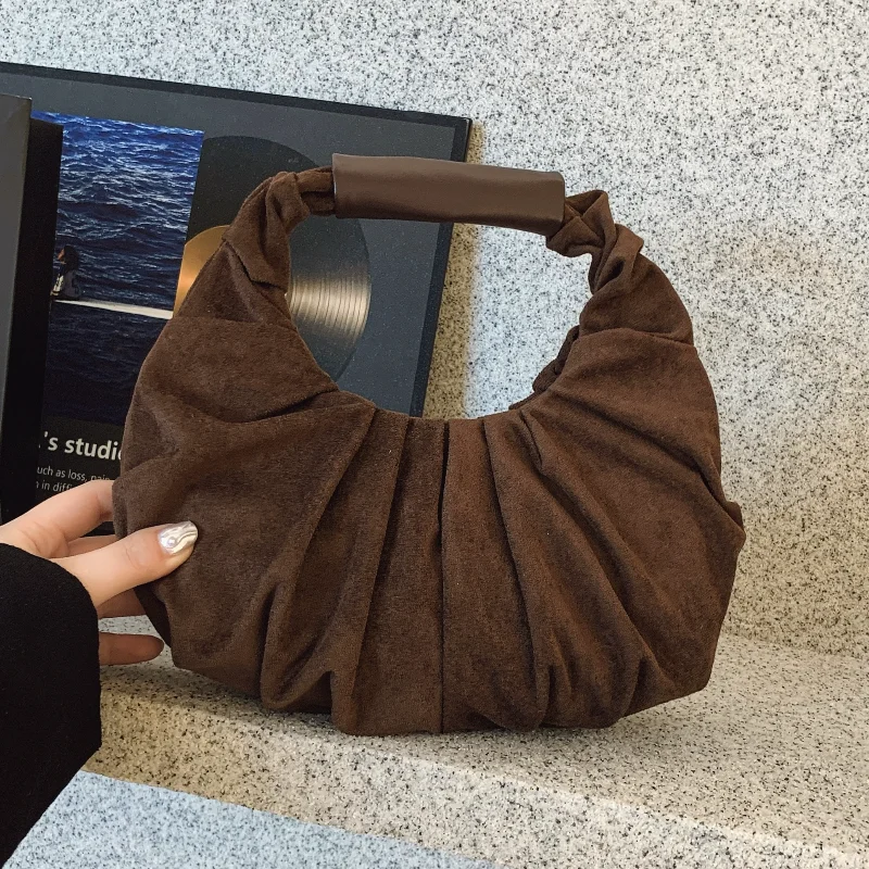 

French Pleated Cloud Bag Fashion Casual Suede Folding Handbag Elegant Banquet Bag Crescent-shaped Women's Clutch High-end Wallet