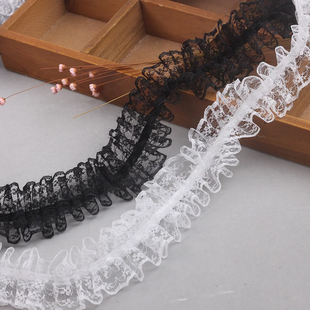 1M Pleated Elastic Lace Fabric DIY Sewing Trim Clothes Guipure 4CM Black White Ribbon Doll Accessories Women Wedding Dress VG2