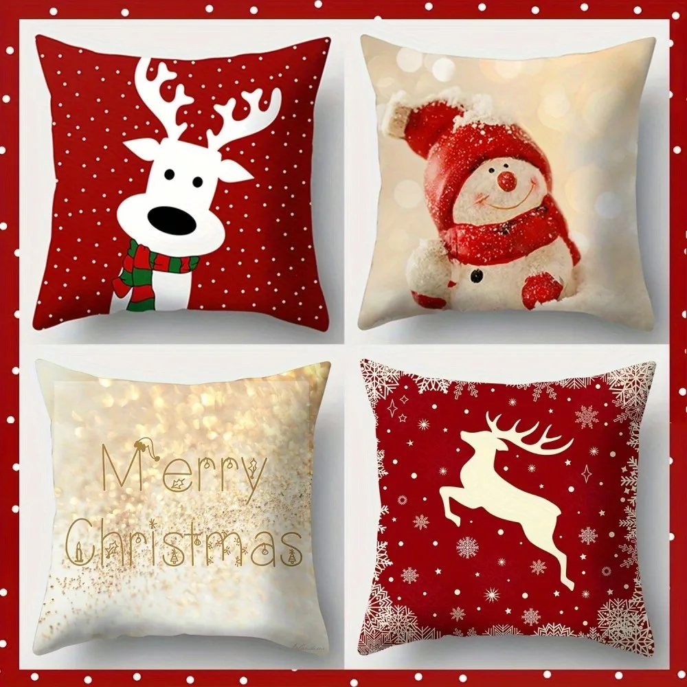 

Рождественский олень, снеговик, художественная наволочка, художественный праздничный дизайн, красный зимний домашний декор, наволочка