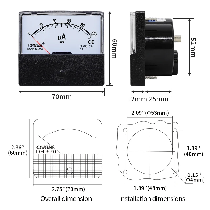 CHHU DH-670 uA Analog Microammeter Panel Ampere Meter Current Meter Current Tester DC50uA 100uA 200uA 300uA 500uA 1000uA