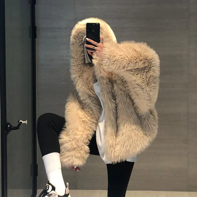 Winter Faux Fur Coat Japanese Fashion Women Loose Design Bat Sleeves Female Hooded Outerwear Sleeve Length 54cm Full length 60cm