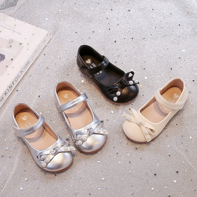 

Girls Leather Shoes 2-18 Years Old Bow Pearl Girls Single Shoes Four Seasons Models Beige Soft Non-slip Children Mary Jane Shoes
