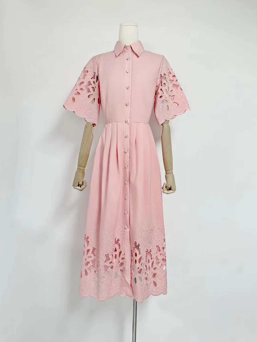 VGH Plus Size Spliced Buttons Shirt Dress for Women Lapel Short Sleeve High Waist Patchwork Hollow Out Elegant Dresses Female