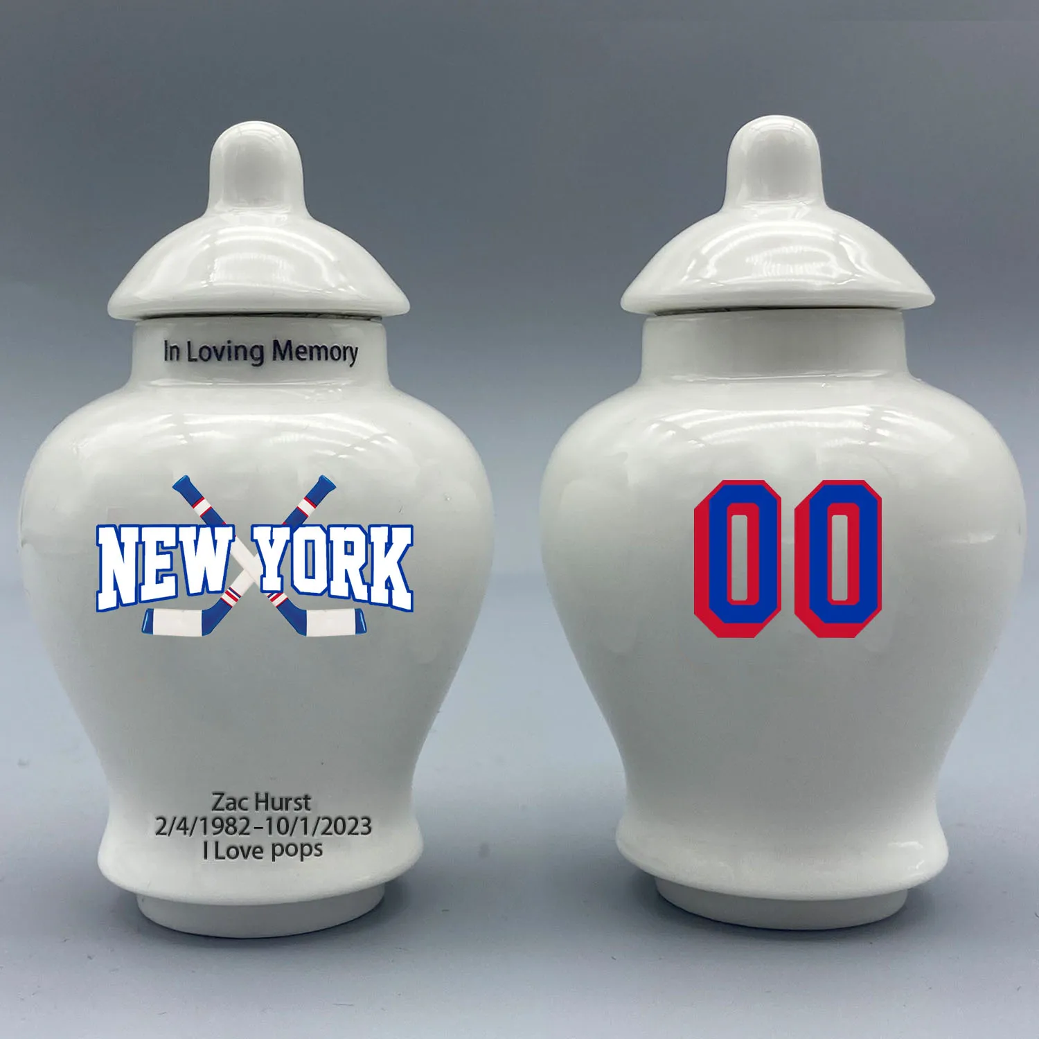 

Mini Urn for New York Rangers-themed Hockey Urn.Please send me the customization information - name/date and number on the urn