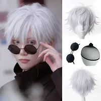 Black Glasses for Jujutsu Kaisen Wig for Men Short Straight Anime with Bangs Heat Resistant Synthetic Wig for Halloween Party