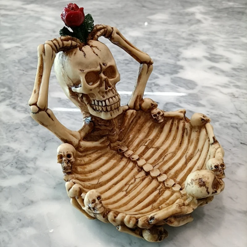 Retro Rose Flower Skull Ashtray - Creative Resin Crafts, Halloween Gift, Home Living Room Decoration, Desktop Skull Ashtray