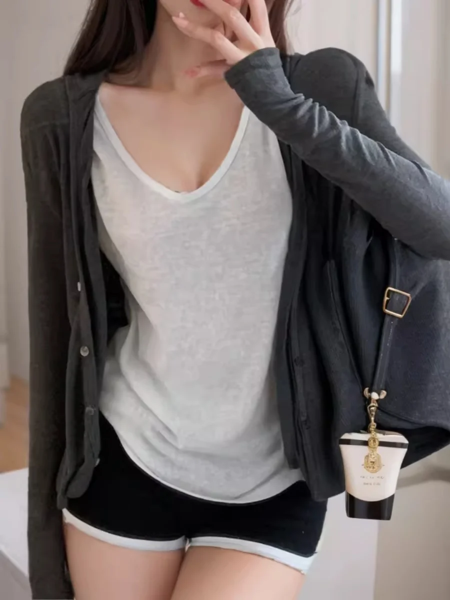 

Gray Long Sleeve Knitted Hooded Open Cardigan Women's Summer Korean Style Air Conditioner Shirt Thin Loose Top Sun Protection...