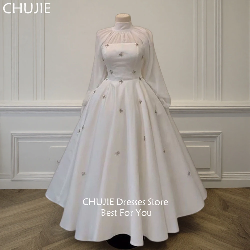 

Satin And Organza A Line Pleated Bridal Gown White Classic Crystal Wedding Dresses Woman Customized Bride Dress Vestido de novia