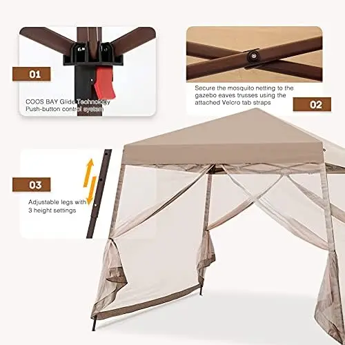 10x10 Pop Up Canopy Tent with Screen Netting, Slant Leg Canopy with UPF 50+ UV Protection, 64 Sq Ft Shade, One Person