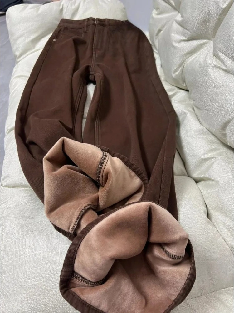 Coffee fashion high waist jeans autumn and winter slimming thick loose fitting solid color straight leg floor length pants
