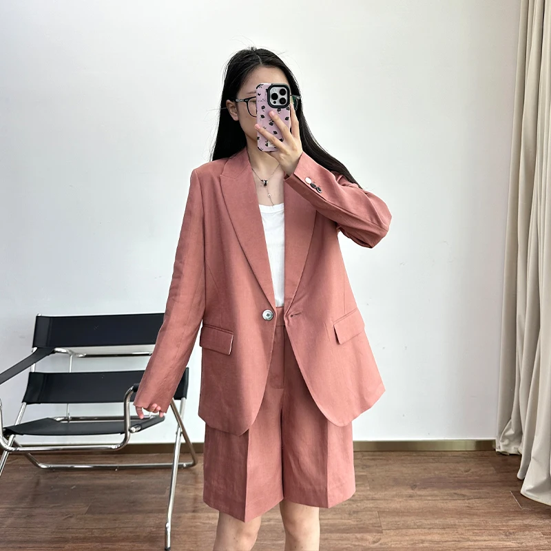 

Meecion Pure Linen Suit Jaet orts Set Commute Sle Women's Breathable f Lined Long Sve Suiting for Summer
